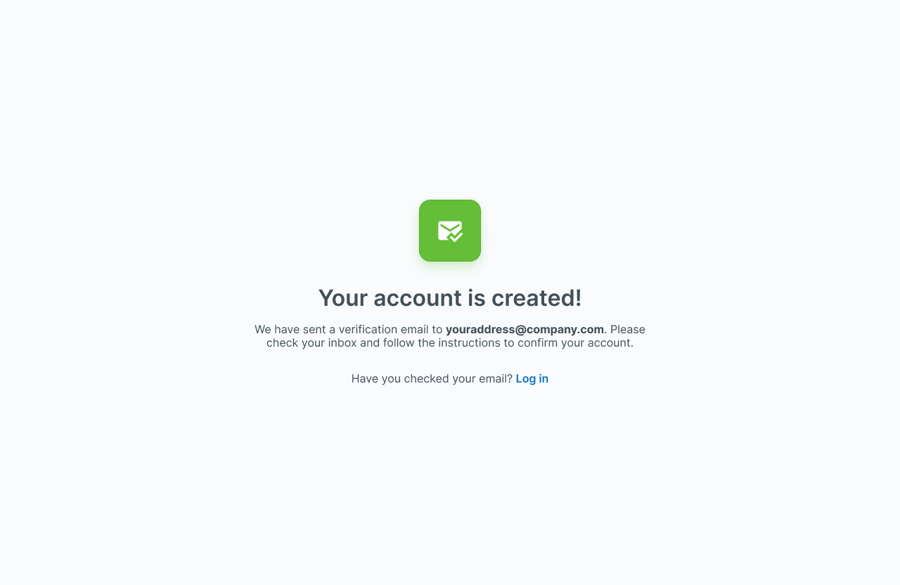 Page « Your account is created » qui demande de consulter sa boîte mail, sans bouton pour l’ouvrir