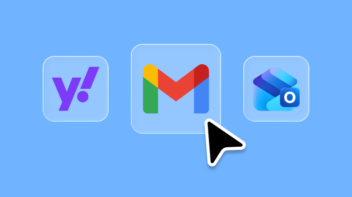 Icônes Yahoo, Gmail et Outlook, avec un curseur qui clique sur Gmail.