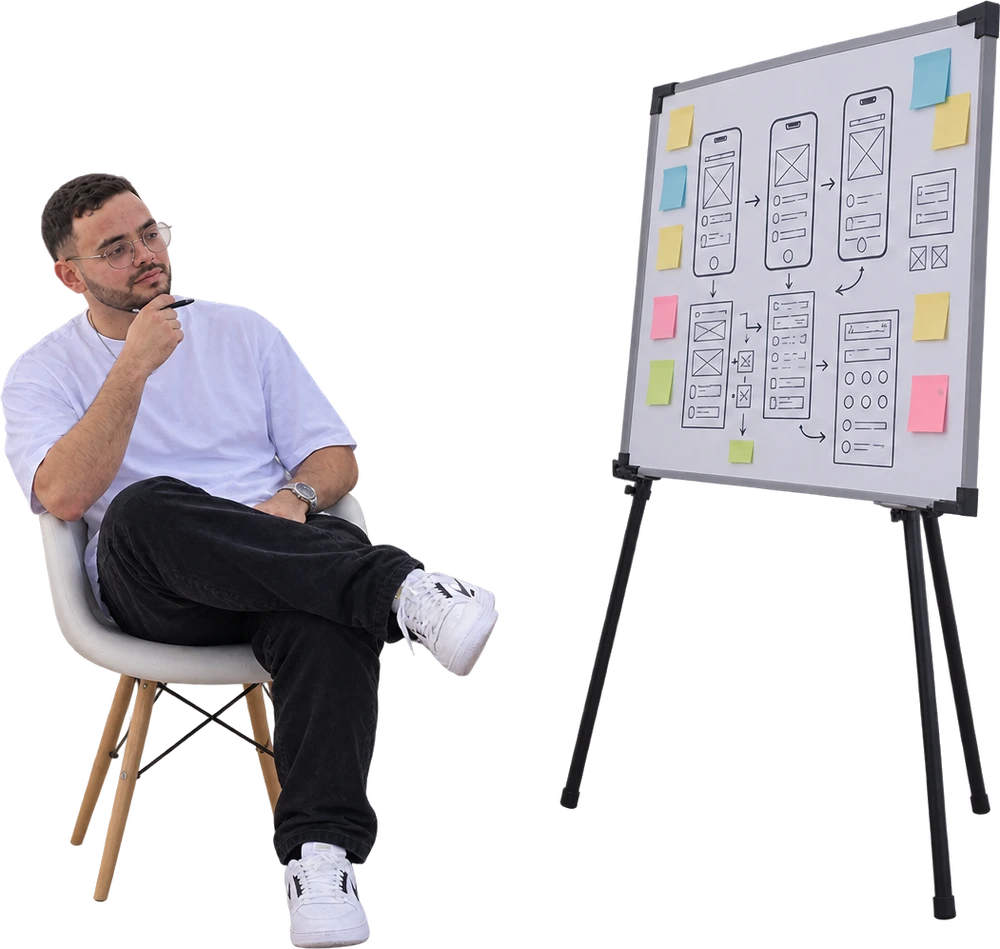 Gaya Medjedoub à droite, en designer UI/UX sur sa tablette graphique