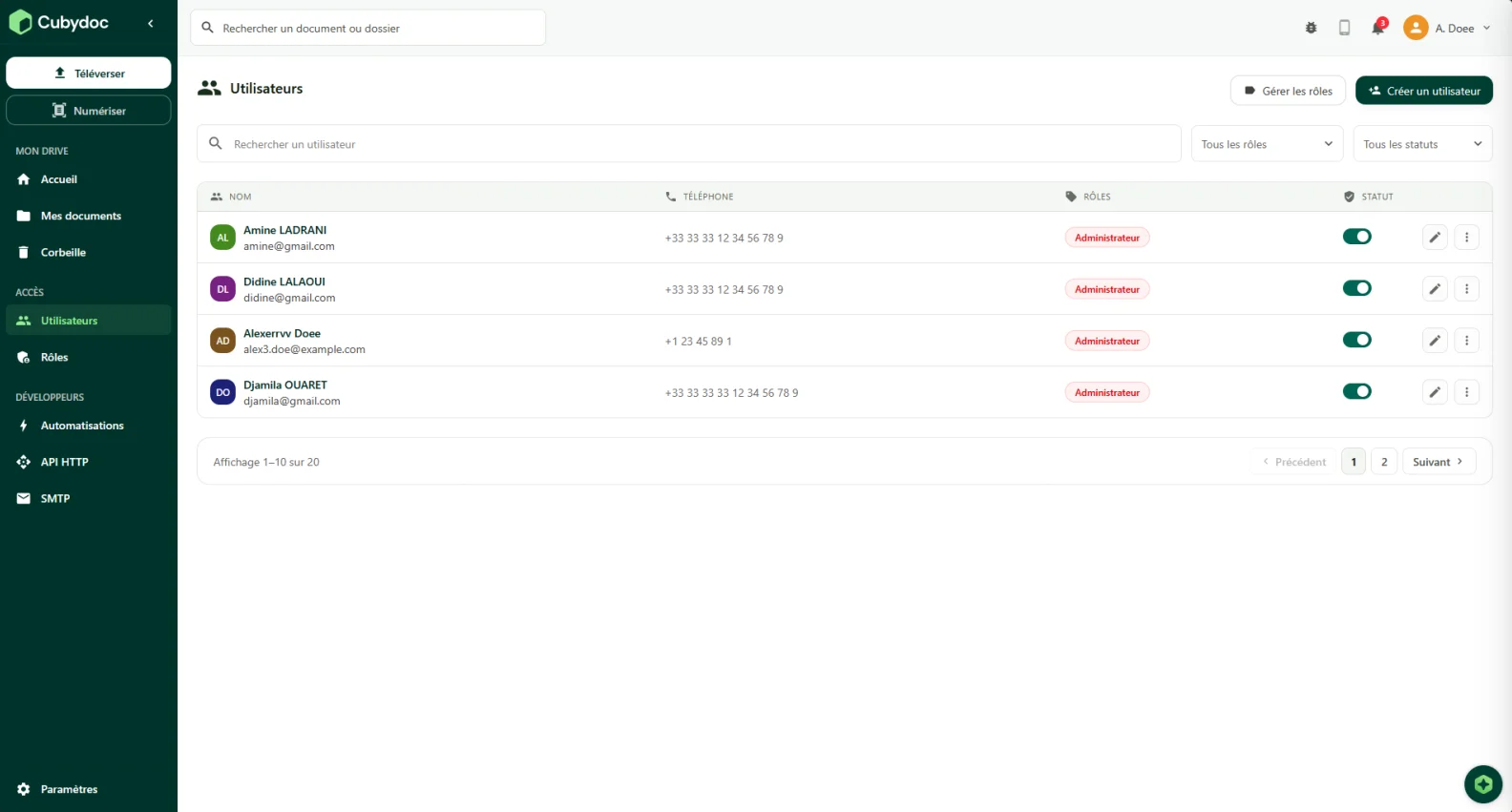 Cubydoc : Utilisateurs et rôles