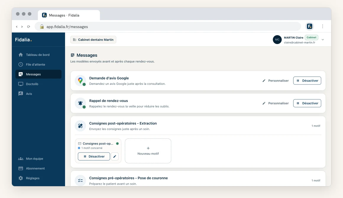 Fidalia : Personnalisation des messages automatiques