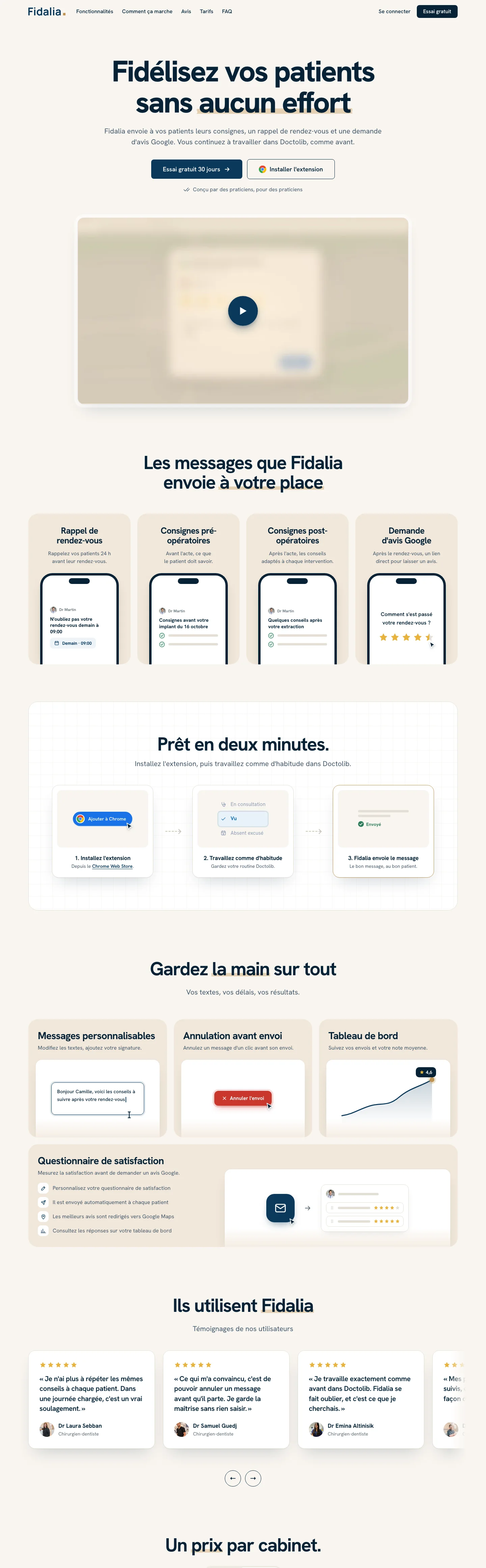 Fidalia : La landing page de Fidalia, de haut en bas