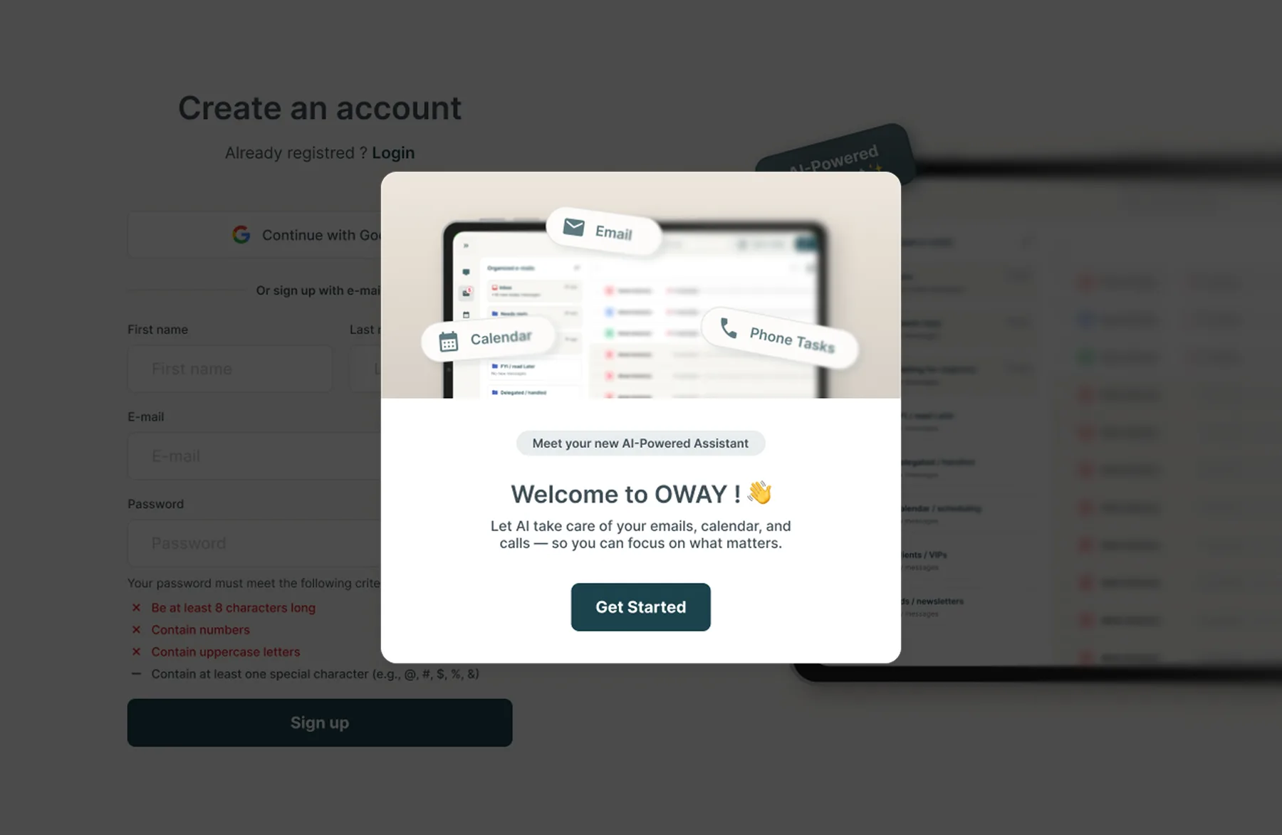 OWAY : Message de bienvenue
