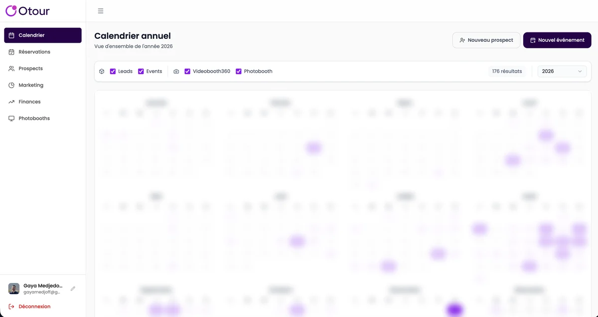 Plateforme Otour360 : calendrier annuel des événements (contenu flouté)